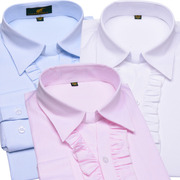 女士白衬衫V领花边女粉色条纹修身长袖工装寸衫蓝色花边职业衬衣
