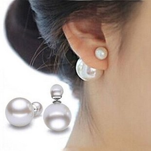 s925银双面珍珠耳钉耳环日，韩国气质时尚前后大小耳饰女防过敏耳坠