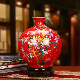 景德镇陶瓷器高档水晶釉，中国红喜上眉梢石榴，球花瓶中式家居摆件