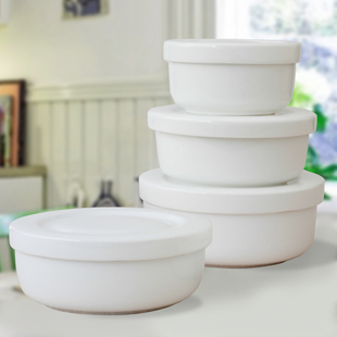 纯白韩式风格骨瓷保鲜碗，加盖陶瓷碗带盖微波炉，冷藏陶瓷碗套装