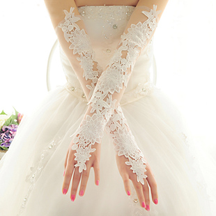 新娘手套蕾丝红白色结婚手套新娘婚纱婚礼手套秋冬季加长绒款手套