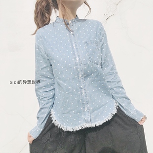 日本订单 少女 波点水玉柄 水洗做旧复古牛仔棉布穗穗下摆衬衫