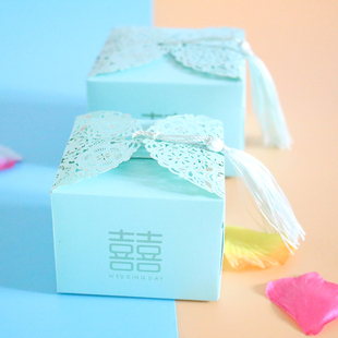 2024结婚喜糖盒纸盒婚庆用品创意欧式小清新镂空四方流苏喜糖盒子