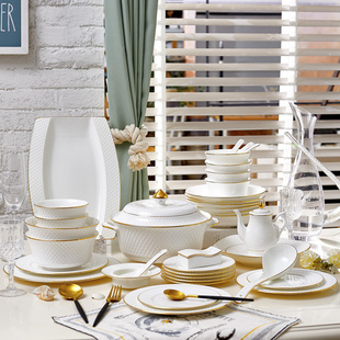 金边骨瓷餐具套装英欧陶瓷60件32头高端碗碟勺碗盘景德镇
