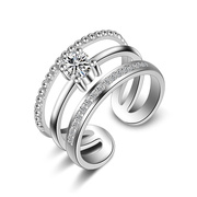 日韩国时尚925纯银饰品三层开口镶钻银戒指女潮人可调节多层指环