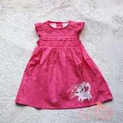 欧美1至2岁女童纯棉夏季裙子卡通小猫贴布绣玫红小飞袖连衣裙