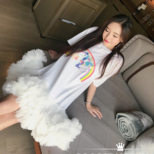 泰国潮牌短袖t恤彩虹宝莉小马卡通独角兽拼接蕾，丝网纱蓬蓬连衣裙