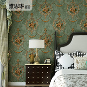 复古美式墙纸绿色田园，大花无纺布欧式壁纸奢华客厅，卧室背景高级感