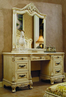 欧式实木梳妆台仿古白擦色做旧开放漆艾特利法式雕花化妆台镜凳
