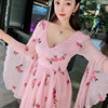 仙女刺绣花朵喇叭袖V领收腰雪纺连衣裙法式优雅粉色小飞袖裙