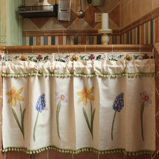 美式乡村北欧棉麻窗帘，半帘门帘短帘厨房柜门水仙，洗手台小帘植物花