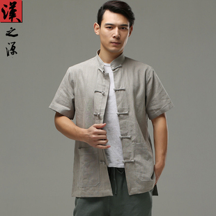 中国风夏季复古男装亚麻短袖，衬衫中式立领盘扣，唐装民族风宽松衬衣