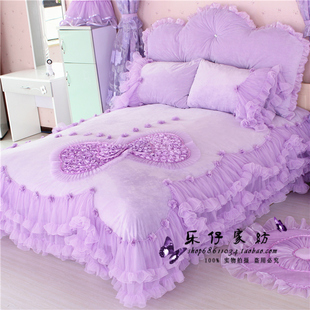 定制珊瑚绒四件套韩式蕾丝紫色花边公主床品18m短毛绒四件套床裙