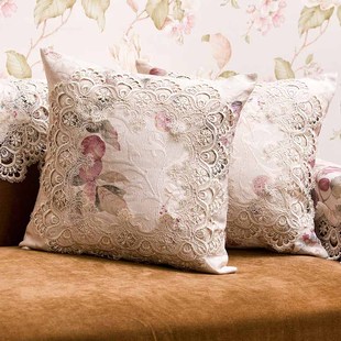 白色玫瑰蕾丝花边提花贡缎布方形(布方形)欧式现代沙发抱枕靠垫靠枕可拆洗