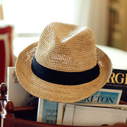 拉菲草帽男女通用日韩版礼帽，春夏海边沙滩帽英伦百搭爵士帽遮阳帽