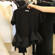 韩国女装2024夏短袖(夏短袖)t恤女宽松显瘦荷叶，边下摆打底衫上衣潮