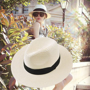 夏季可折叠黑白色平檐男女，情侣海边草帽巴拿马礼帽，遮阳帽子沙滩帽
