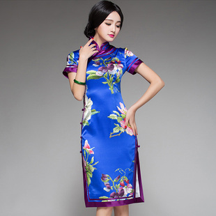 夏季女真丝旗袍中式复古礼服，短袖气质印花宝蓝色连衣裙短款修身