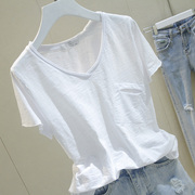白色短袖t恤女2023夏季韩版宽松显瘦毛边，v领竹节棉半袖体桖61