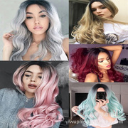 跨境欧美时尚假发女渐变彩色中分长发头套粉色渐变短视频拍摄道具