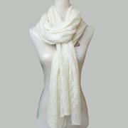 纯羊绒镂空围巾女秋冬针织网，花披肩白色，保暖围脖简约韩版长款编织