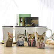 可爱猫咪陶瓷水杯子带盖创意，大容量500ml牛奶咖啡马克杯logo定制
