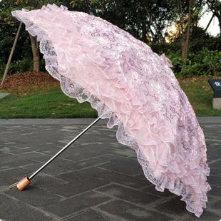 蕾丝刺绣花亮片黑胶，二折防紫外线遮阳太阳伞公主，晴雨伞洋伞粉红色