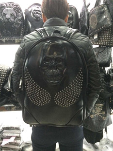 韩国3d硅胶时尚潮流背包铆钉双肩，包格立体2018酷黑色头骷髅英伦风