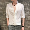 男士韩版修身性感低胸深v领薄款t恤个性大领口，低领宽领短袖打底衫