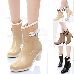 韩国春夏女士短筒雨靴高跟加棉可拆卸水鞋防滑坡跟，胶鞋休闲单雨鞋(单雨鞋)