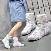 靴子女春夏运动平底短靴系带真皮，透气女靴欧美白色中筒马丁靴靴鞋