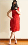 胖mm女装连衣裙细条纹，双v领显瘦大红褶皱背心裙大码