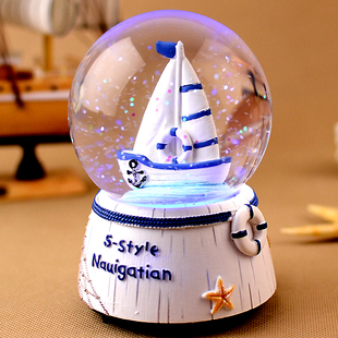 地中海风帆船灯塔，水晶球音乐盒家居装饰小摆件创意七夕节生日礼物