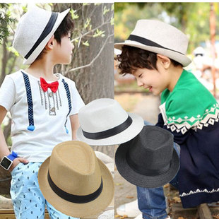 儿童爵士帽潮宝宝帽子草编礼帽，男童遮阳帽草帽女夏天的小凉帽