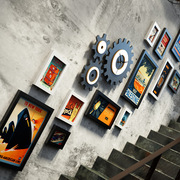 美式现代风创意楼梯照片墙餐馆组合相框墙工业风装饰画框相片墙
