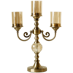 美式古典金属玻璃三头烛台欧式样板房复古客厅，餐桌玄关装饰摆件