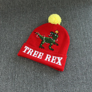 秋冬季儿童针织帽男童，宝宝毛线帽子新年喜庆大红色，恐龙毛球翻边帽
