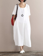 夏季双层棉纱短袖连衣裙白色柔软舒适宽松裙子圆领，文艺范长裙(范长裙)袍子