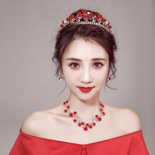 2022新娘红色头饰套装韩式结婚三件套婚纱礼服首饰配饰品