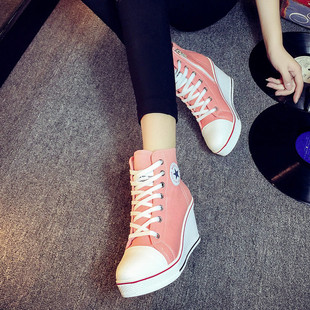 韩国ulzzang坡跟帆布鞋8厘米高跟韩版拉链系带高帮内增高休闲女鞋