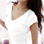 纯白色t恤女短袖，夏季纯棉显瘦打底衫韩版体恤，修身紧身纯色v领