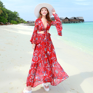 泰国海边度假沙滩裙长袖夏雪纺(夏雪纺)碎花波，西米亚长裙海滩裙连衣裙性感