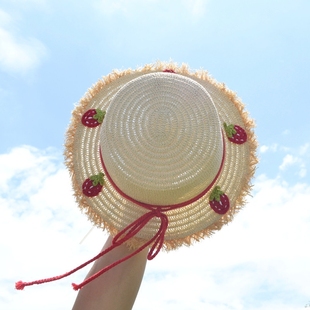 夏天森女草莓系可爱拉菲草，毛边平顶草帽日系小清新防晒遮阳帽子
