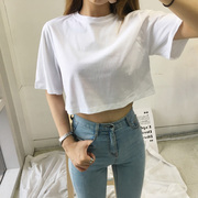 露脐上衣短款白色t恤女短袖学生夏季韩版纯棉纯色宽松高腰漏肚脐