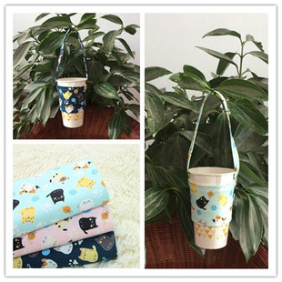 环保饮料提袋卡通可爱猫咪，杯套帆布手提袋，奶茶套咖啡手摇杯袋