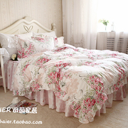 韩版秀色粉玫瑰田园风格荷叶边蕾丝纯棉全棉床裙款床上用品四件套