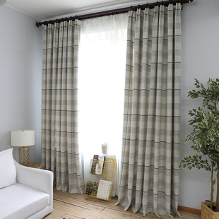 简约现代棉麻格子窗，帘布定制北欧风格遮光客厅，卧室落地窗成品窗帘