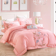中式床品 纯棉四件套白色粉色床单式4件套刺绣被套高档床上用品