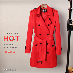 春秋季韩版英伦时尚，气质大红风衣女中长款修身显瘦双排扣外套