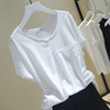 2023夏季韩版白色短袖t恤女毛边圆领棉质纯色半袖体恤上衣226